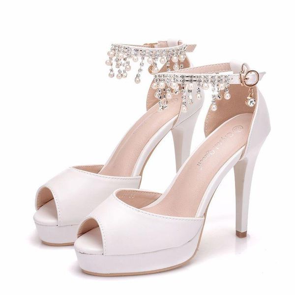 

women sandals wedding party pu rhinestones buckle strap 11cm thin high heels peep toe waterproof sandal shoes size 35-42, Black