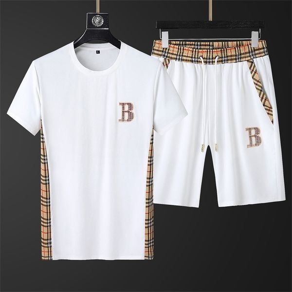 

sportswear summer fashion brand round neck embroidered plaid stitched short sleeve capri pants casual two-piece set men's european, Black