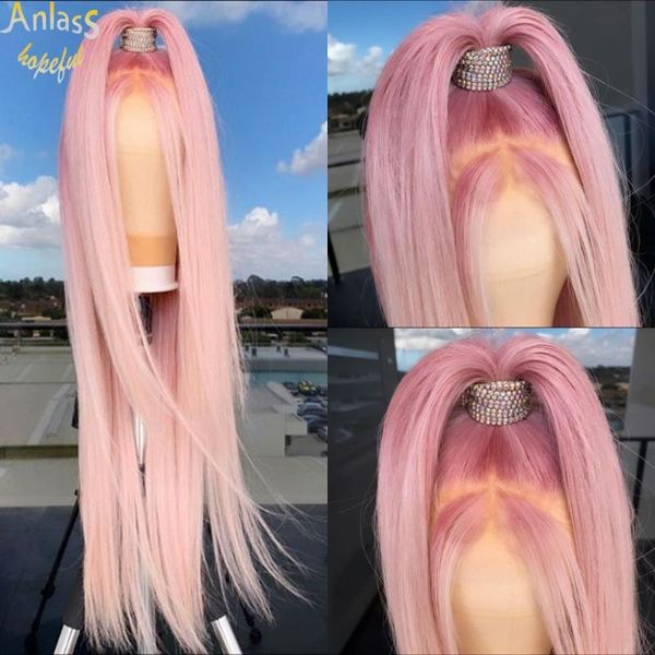 

synthetic wigs pink color lace front wig for women straight middle part full head can be braided cosplay peruka damska, Black