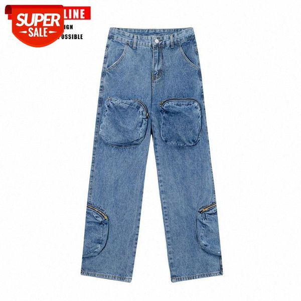 

tkpa loose wide-leg straight-leg jeans men's hip-hop functional tooling large pockets washed old daddy trousers #ka97, Blue