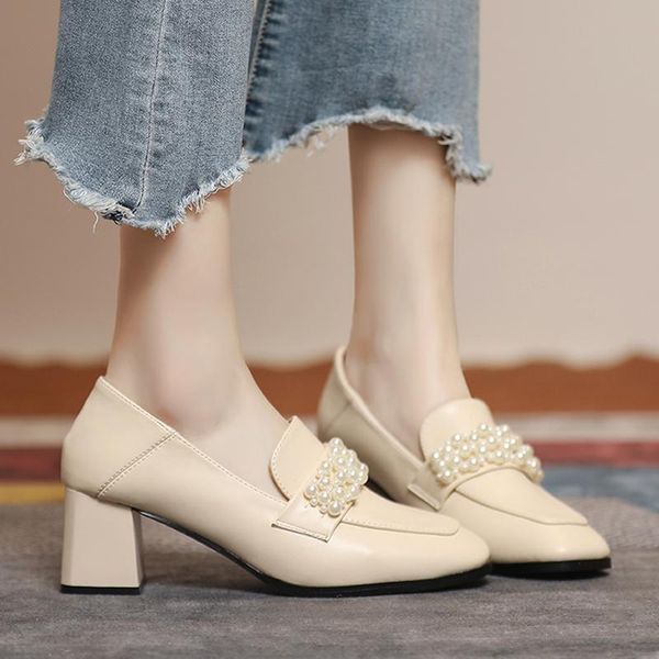 

pearl block high heels soft leather women mary jane shoes fashion office designer luxury vintage square toe female pumps dress, Black