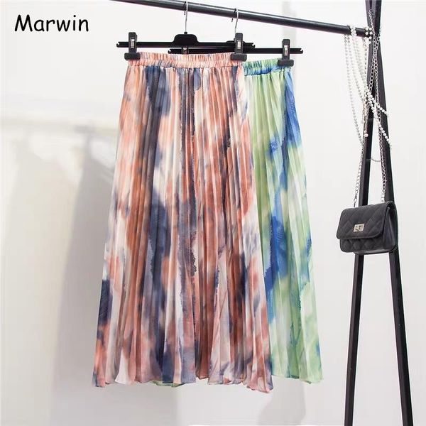 

skirts marwin 2021 -coming summer beach ink printing chiffon women a-line mid-calf pleated skirt high street style, Black