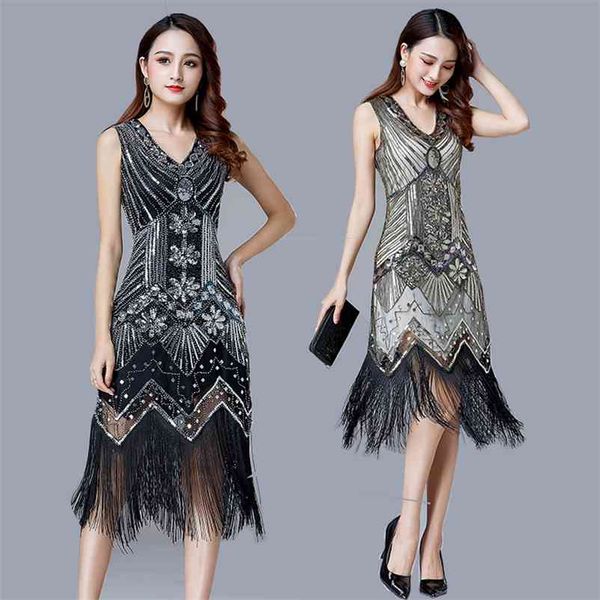 

1920s vintage flapper great gatsby party dress v-neck sleeveless sequin beaded style style tassel flapper vestidos feminina 1920 210331, Black;gray