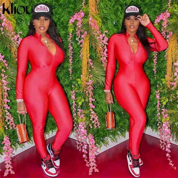 

kliou zipper solid bodycon womens jumpsuit autumn fashion streetwear skinny long sleeve active jumpsuits, Black;white