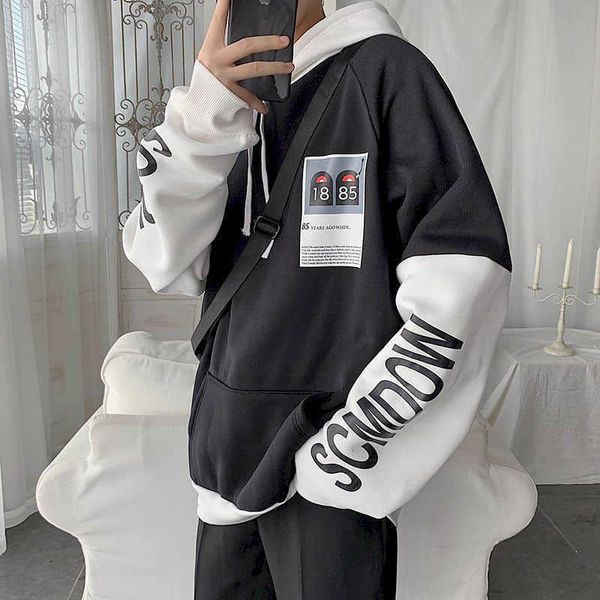 

[streetwear] men clothing hoodies hip pop sweatshirt korean jacket long sleeve t-shirt spring autumn loose clothes male student 210526, Black