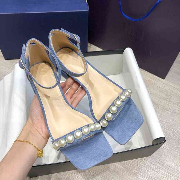 

2021 summer new fairy style family pearl one line sandals women's flat bottomed versatile square head thick middle heel, Black