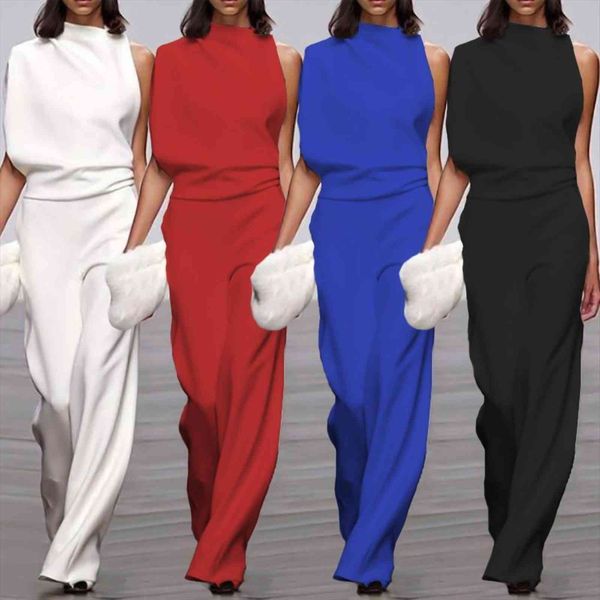 

fashion evening party office elegant women jumpsuits solid sleeveless wide leg playsuits spring loose overalls, Black;white