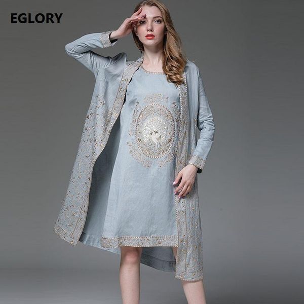 

women's suits & blazers autumn spring clothing set 2 piece suit women vintage embroidery sleeveless a-line dress+open stitch casual lon, White;black