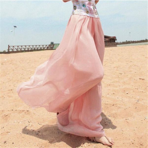 

women's pants & capris women summer casual trousers wide leg chiffon high waist loose with lining pantalon femme mujer pink black, Black;white