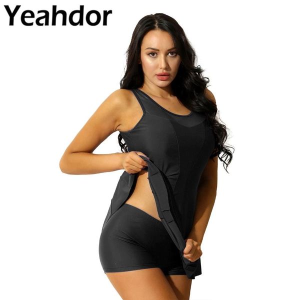 

one-piece suits 2pcs women one piece swimwear swimming dress bathing suit beachwear strappy tummy control swimdress swimsuit with boyshorts