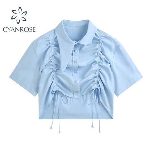 

summer irregular design neck women blouse streetwear slim turn-down lace up tuck short sleeve unique crop shirt female 210515, White