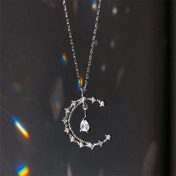 

pendant necklaces 925 silver plated fashion feminine charm necklace moon temperament water drop zircon clavicle chain women's gift jewe