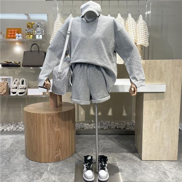 

women's tracksuits 2021 round neck loose long sleeve pullover + elastic waist curled wide leg shorts solid color leisure sports suit, Gray