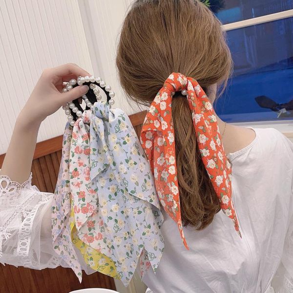 

hair clips & barrettes women pearl ties ribbon hairband scrunchies girls silk scarf holders floral bow rubber band accessories 2021, Golden;silver