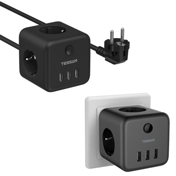 

smart power plugs tessan black eu multiple socket strip with switch on/off 3 ac outlets usb ports and 1.5m extension cord surge protector