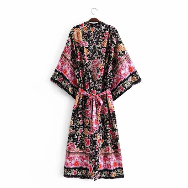

floral print sashes bohemian vintage dress chic female kimono boho dresses lacing up long loose robe 210521, Black;gray
