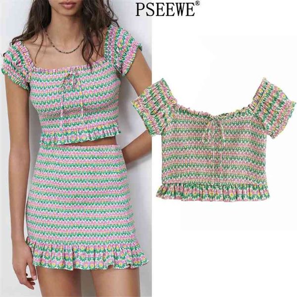 

women blouses fashion smocked floral woman squared neck short sleeve crop female ruffle summer blouse 210519, White