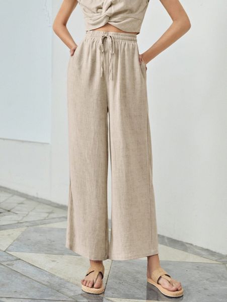 

drawstring waist wide leg pants q5ey#, Black;white