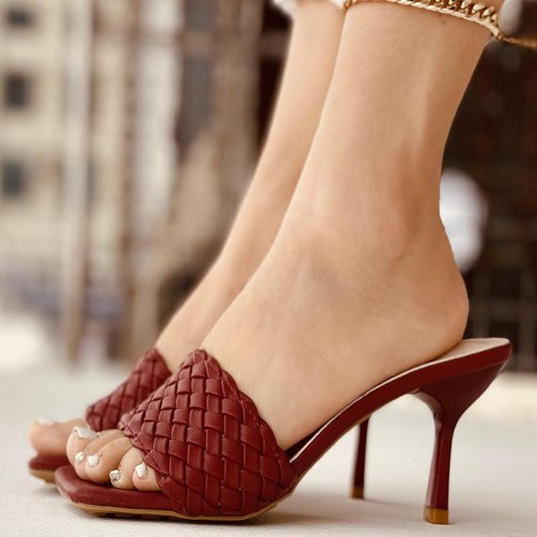 

slippers women square toe 2021 woman weave comfort high heels female outdoor shoes ladies pumps summer women's fashion footwear, Black