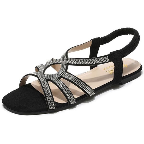 

summer women luxury crystal slip-on sandals female fashion big size bohemia flats ladies casual rome, Black