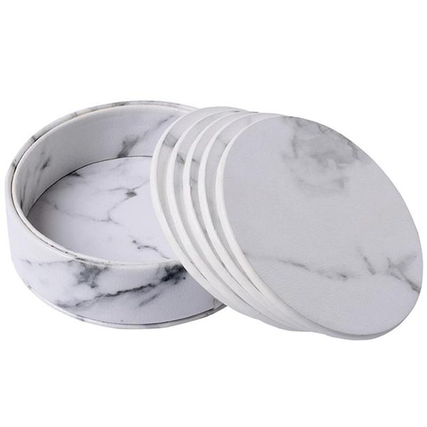 

pcs coasters marble pu leather round heat insulation table placemat drink cup mats for home kitchen decor & pads
