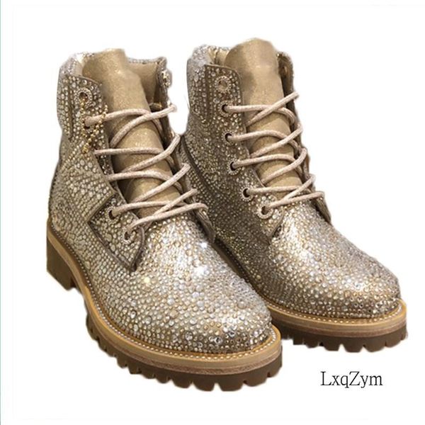 

boots men women outdoor hiking snow rhinestone design motorcycle shoes round toe lace up oxfords 35~45, Black