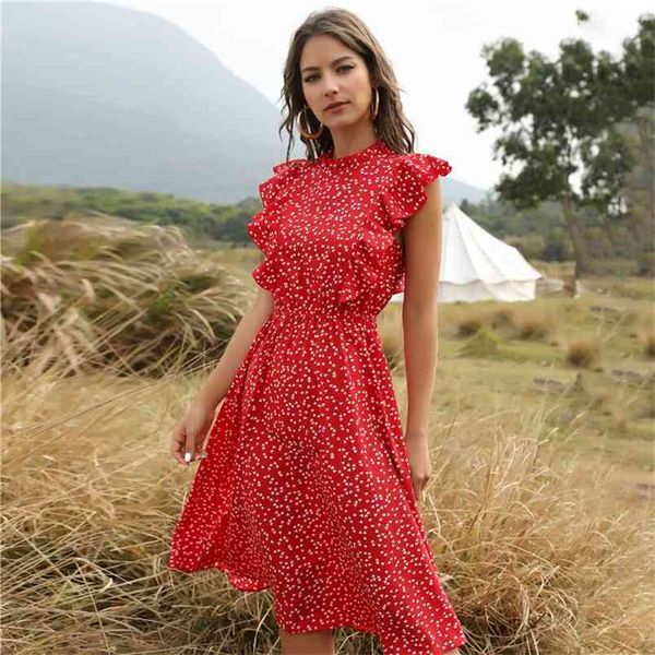 Mulheres Chiffon Dress Elegante Verão Floral Ponto Impressão Ruffles A-Line Casual O Neck Sem Mangas Elásticas Cintura Elástica Red ES Lady 210522
