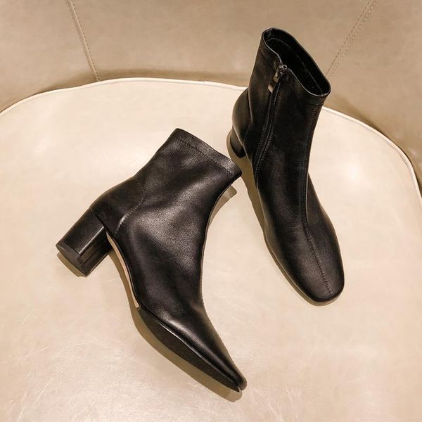 

boots classic women ankle genuine leather fashion concise working casual thick heels basic autumn winter shoes woman 2021, Black