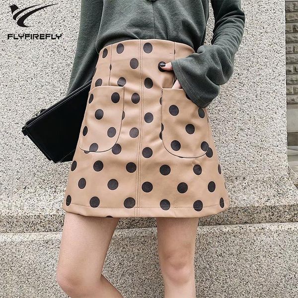 

skirts harajuku polka dot print womens high waist khaki pu leather skirt streetwear korean mini winter jupe femme, Black