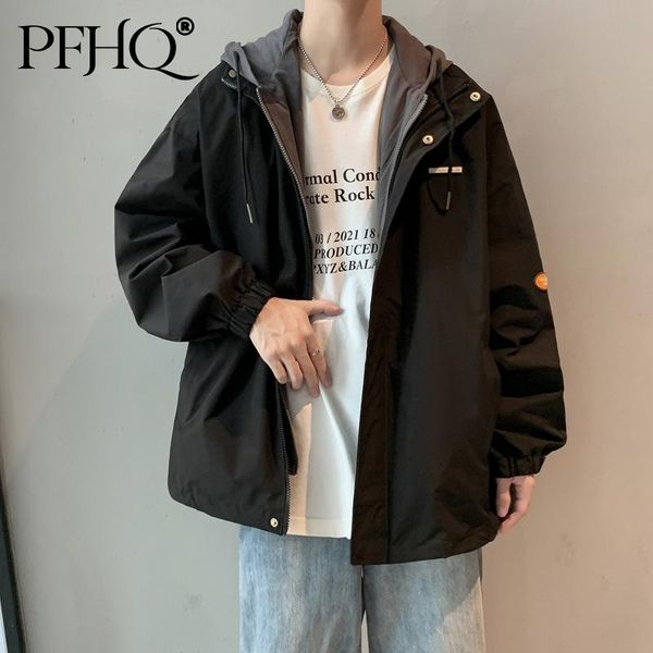 

men's jackets pfhq 2021 men fashion solid color hooded collar fake two drawstring zipper loose tooling jacket autumn and winter 21d1430, Black;brown
