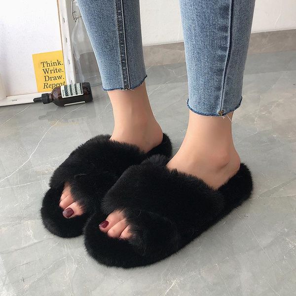 

slippers hairy female wear 2021 flat lazy thick fur shoes woman womens, Black