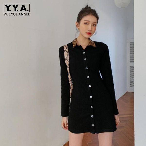 

casual dresses black short dress women fit leopard lapel single-breasted high waist vintage knitting office lady solid straight summer, Black;gray
