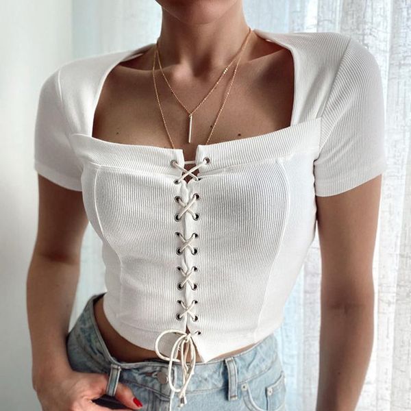 Bandage Square Collar Women Solid Crop Tshirt Manica corta Lace Up White Ladies T-shirt casual Top Summer Fashion Clothes 210518
