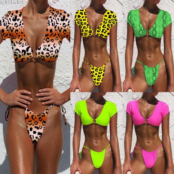 

summer women padded leopard bikini set short sleeve swimsuit bathing suit swimwear beachwear 6 style one-piece suits