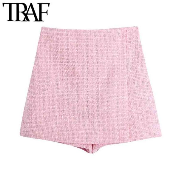 

traf women chic fashion tweed shorts skirts vintage high waist back zipper female skort mujer 210623, White;black