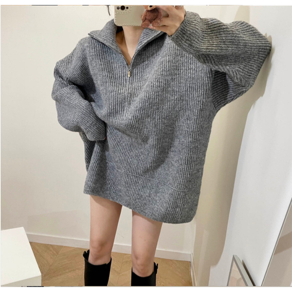 

Simplee Polo Collar Oversize Women's Long Sweater Autumn Winter Za Gray White Zipper Soft Jumper Casual Fashion Female Pullovers, White;black