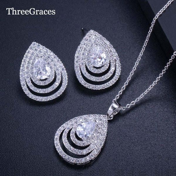 

earrings & necklace threegraces women sparkly white micro pave cz jewelry set big water drop pendant gifts for bridesmaids js069, Silver