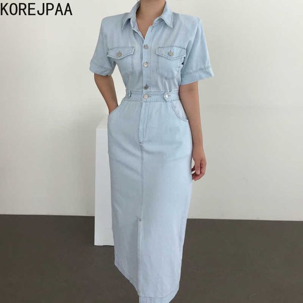 Korejpaa Women Dress Summer Korean Chic Ladies Retro Temperament Risvolto Monopetto Multi-Pocket Split Denim Vestidos 210526