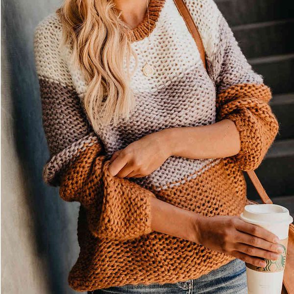 

Fashion Sweater 2021 Women' Color Contrast Stitching Knitted Pullover, Khaki