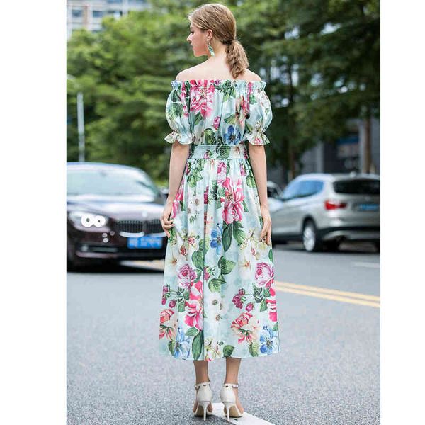 

dress seqinyy green midi 2021 summer fashion design short sleeve slash elastic neck waist flowers impression ed track, Black;gray