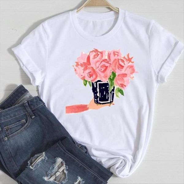 

watercolor flower o neck women t shirt fashion cartoon summer graphic lady print tee female tshirts clothes, White