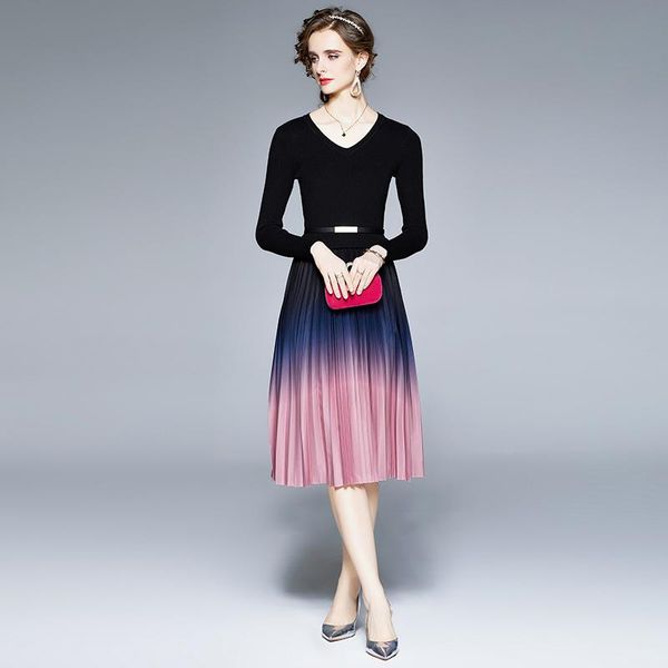 

casual dresses 2021 women a-line patchwork mid-calf o-neck elegant office lady knitting cotton party, Black;gray