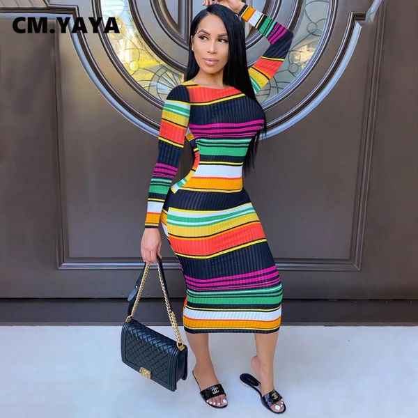 

casual dresses cm.yaya knitted rainbow striped maxi midi bodycon dress for women club party long sleeve ribbed pencil vestido, Black;gray