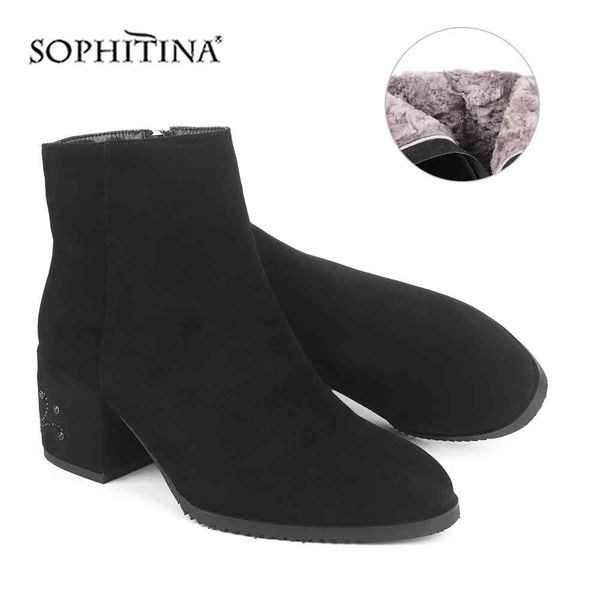 Sophitina Rahat Kare Topuk Çizmeler Sıcak Moda Tasarım Çiçek Yuvarlak Ayak Çocuk Süet El Yapımı Ayakkabı kadın Botları PC209 210513