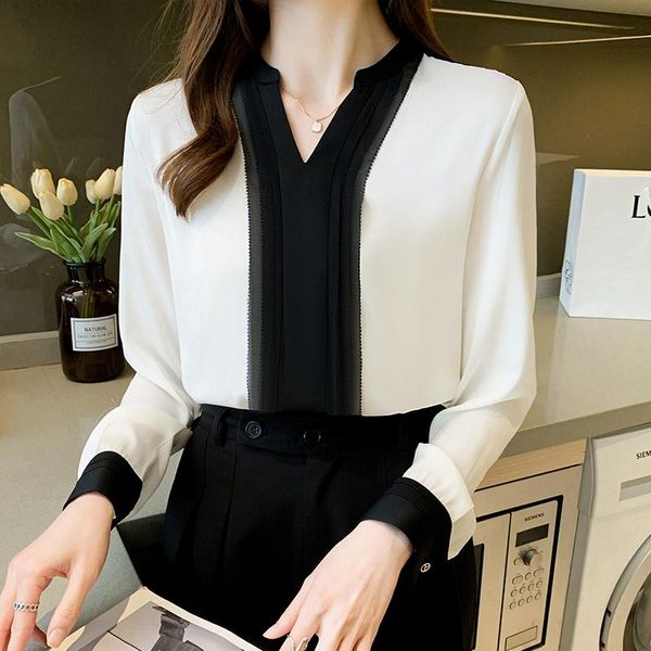 

women's blouses & shirts autumn 2021 chiffon shirt blusa mujer v-neck splicing solid color elegant fashion clothing white 1306