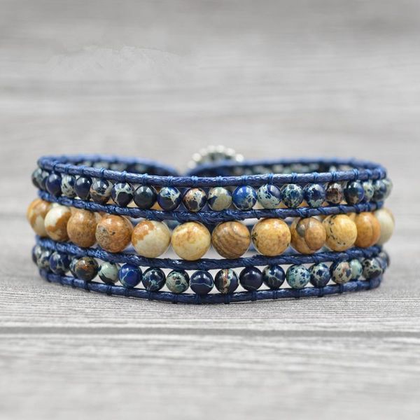 

tennis handmade boho 3 row natural stone leather wrap bracelet genuine semi-precious stones cuff unisex, Golden;silver