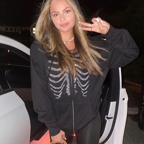 

women's hoodies & sweatshirts 2021 summer y2k rhinestone skeleton zip up oversized goth women grunge hooded jacket streetwear retro clo, Black