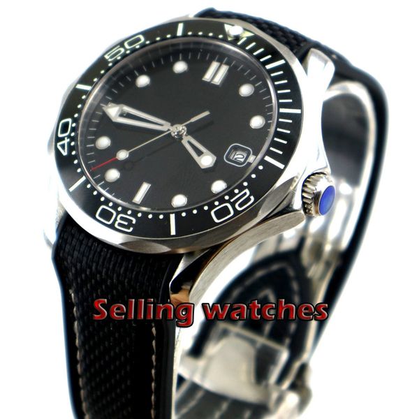 

41mm lightning black sterile dial rubber strap ceramic bezel sapphire glass date mechanical automatic human watch, Slivery;brown