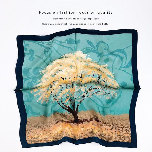

scarves 2021 women square neck hair 100% silk scarf foulard tree ink painting bandana neckerchief headband hijab 52*52, Blue;gray
