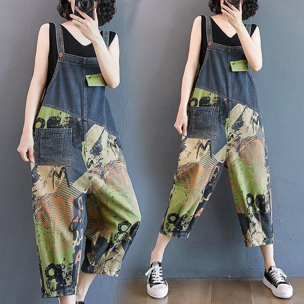 

xxl women denim large size loose cropped overalls casual oversize printed stitching retro jumpsuit women's jumpsuits & romper, Black;white